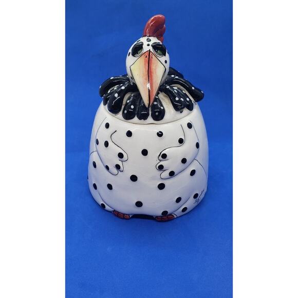 Lynda Corneille Blue Sky 2008 Polka Dot Chicken Jar Signed Ceramic Art Rooster - Picture 1 of 16